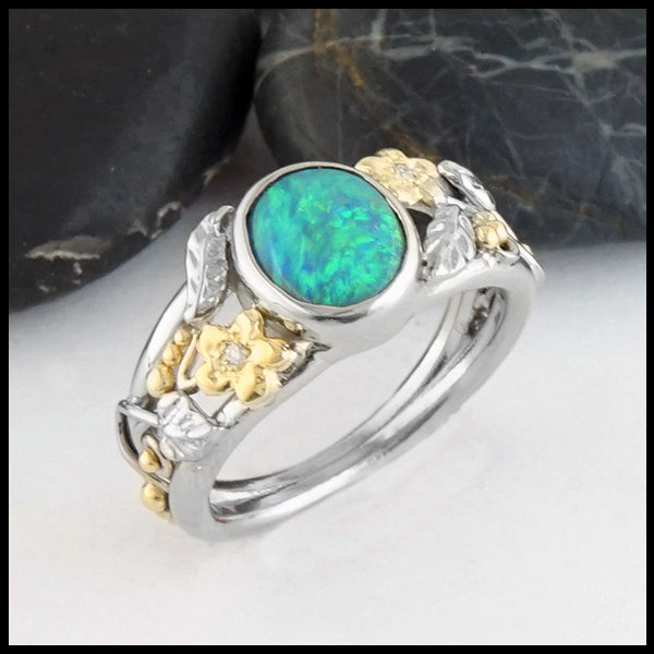 Front view of Floral Black Opal Gold Ring