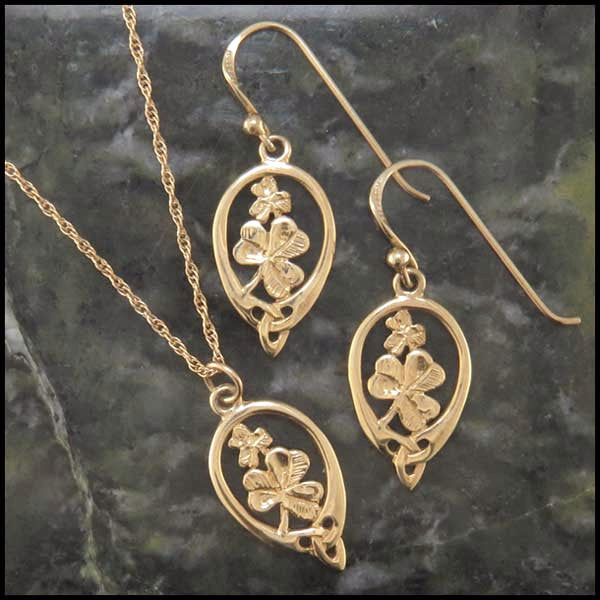 Irish Shamrock pendant and earring set in 14K Gold