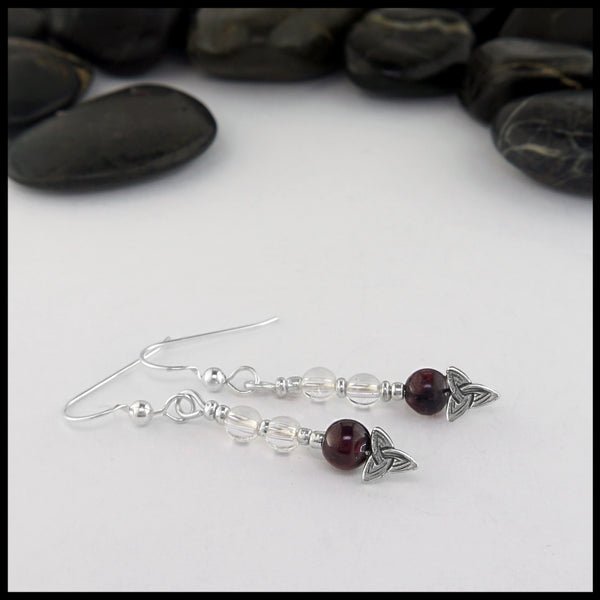 garnet and quartz trinity knot earrings 