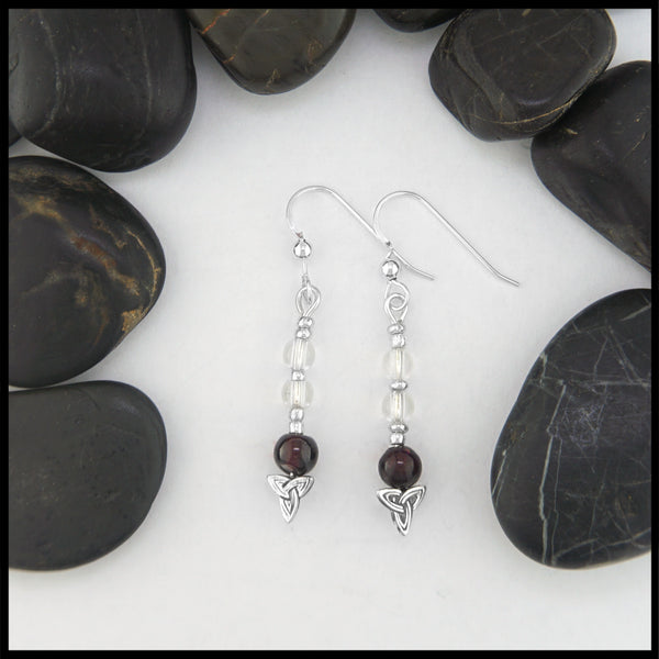 garnet and quartz trinity knot earrings 