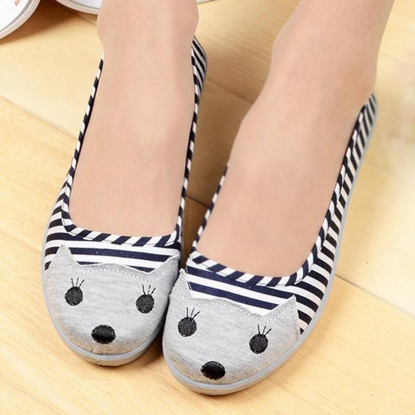 Cat Face Striped Print Animal Themed Wedge Ballet Flats for Women in