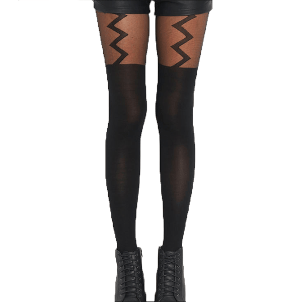 Zig Zag Faux Suspender Thigh High Garter Sheer Tights For Women 