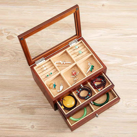 3 LAYERS WOODEN JEWELRY STORAGE BOX COSMETIC ORGANIZER