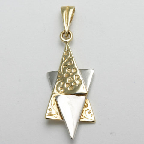 white and yellow gold Start of David pendant with flower pattern motif