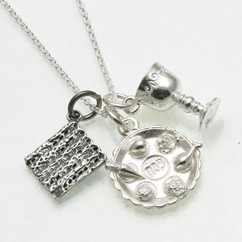 Seder plate, matzah and kiddush/Elijah's cup charm necklace in silver