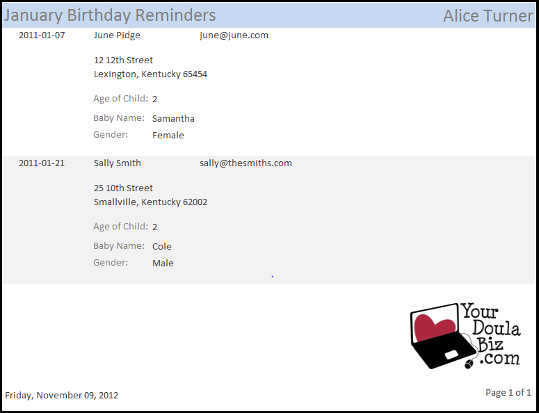 Birthday Reminder Report in YourDoulaBiz