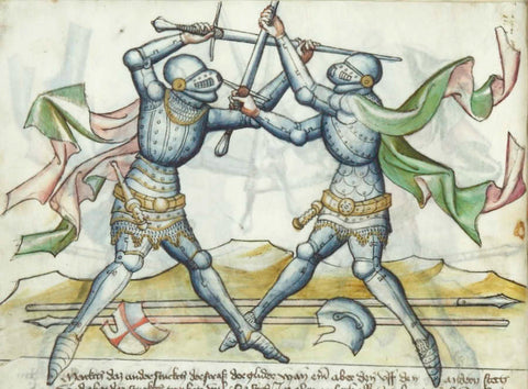 Armoured knights in medieval combat at the half sword.