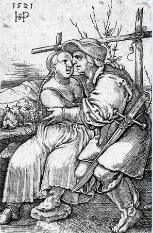 Woodcut of couple with man armed with Kriegsmesser