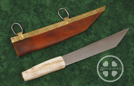 Antler gripped Seax with bronze leather scabbard and bronze fittings