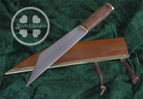 Seax with brok back blade and brown scabbard.