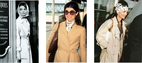 audrey hepburn and Jackie O: silk scarf and trench coat icons