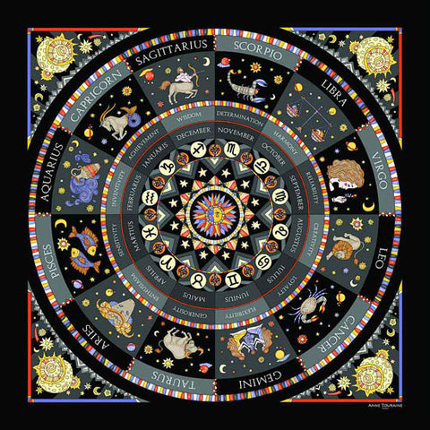 Astrology inspired scarf featuring the twelve Zodiac signs, black color, a unique scarf creation by ANNE TOURAINE Paris™