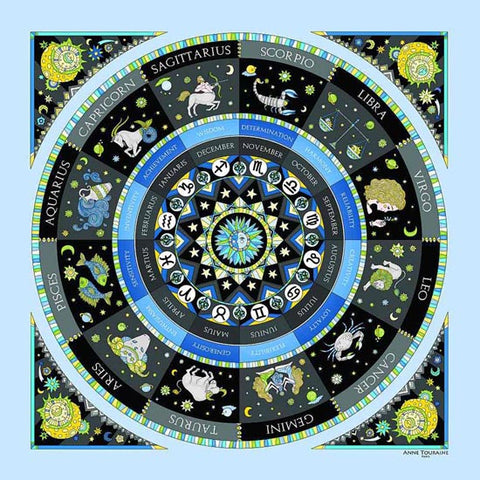 Astrology inspired scarf featuring the twelve Zodiac signs, blue color, a unique scarf creation by ANNE TOURAINE Paris™
