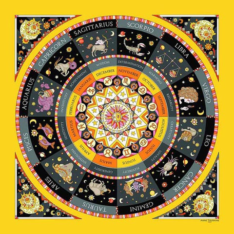 Astrology inspired scarf featuring the twelve Zodiac signs, yellow and black color, a unique scarf creation by ANNE TOURAINE Paris™