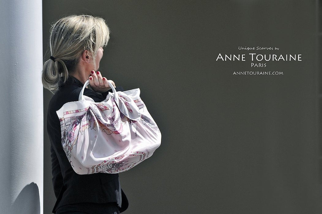 French silk scarves by ANNE TOURAINE Paris™: Russia inspired pink scarf wrapping completely a handbag