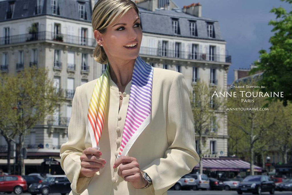  French silk scarves by ANNE TOURAINE Paris™: Multicolor striped scarf wrapped in a casual way around the neck