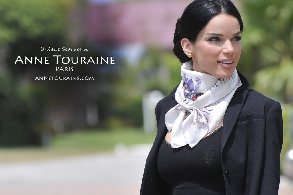 French silk scarves by ANNE TOURAINE Paris™: Paris New York white scarf tied as a kerchief