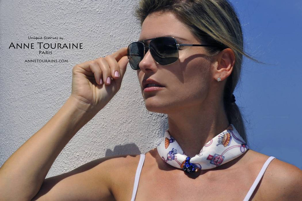 French silk scarves by ANNE TOURAINE Paris™: Blue and white Fashion Accessories scarf pulled through a fancy ring and tied a narrow neck scarf