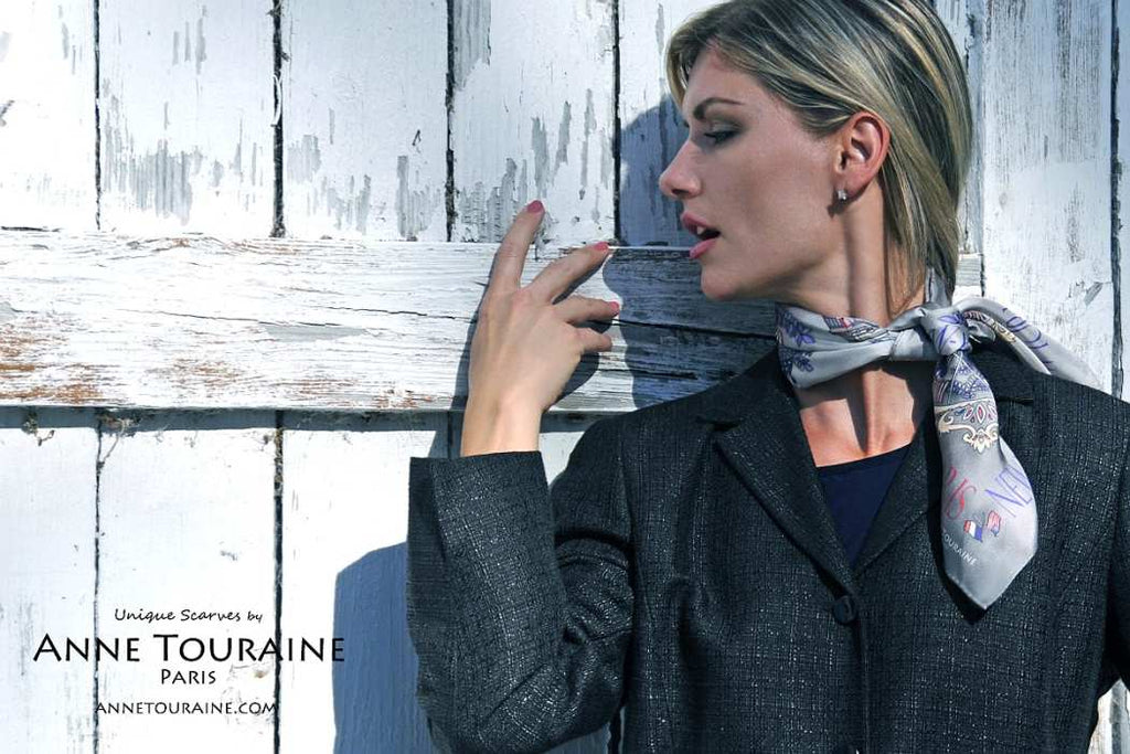 French silk scarves by ANNE TOURAINE Paris™: Paris New York grey scarf tied at the side of the neck