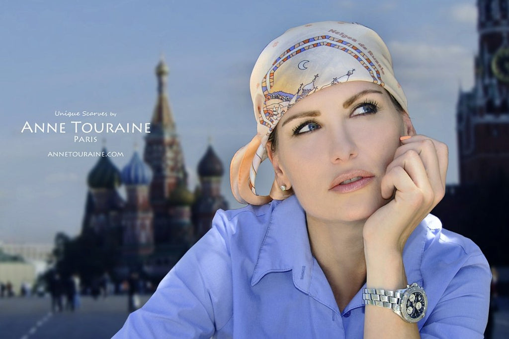 French silk scarves by ANNE TOURAINE Paris™: Russia inspired peach scarf tied as a mini pirate headscarf 