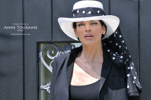 Black polka dot scarves: ANNE TOURAINE Paris™ chiffon silk stole tied around a white panama hat