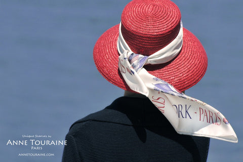 Silk scarves and hats: an ANNE TOURAINE Paris™ French scarf tied on a straw hat