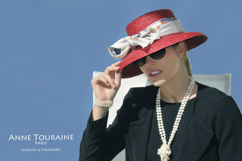 Silk scarves and hats: an ANNE TOURAINE Paris™ French scarf tied on a straw hat