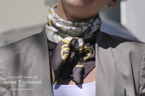 French silk scarf, white and brown, by ANNE TOURAINE Paris™ tied around the neck\