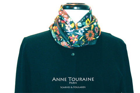 Floral scarves: FLORAL silk scarf, grey background and multicolor flowers by ANNE TOURAINE Paris™.Perfect with a black sweater.