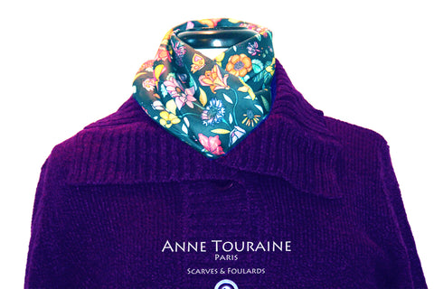 Floral scarves: FLORAL silk scarf, grey background and multicolor flowers by ANNE TOURAINE Paris™.Perfect with a purple sweater.