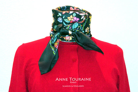 Floral scarves: FLORAL silk scarf, grey background and multicolor flowers by ANNE TOURAINE Paris™.Perfect with a fuschia red sweater.