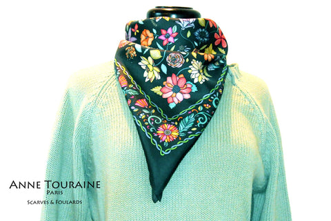 Floral scarves: FLORAL silk scarf, grey background and multicolor flowers by ANNE TOURAINE Paris™.Perfect with a light green sweater.