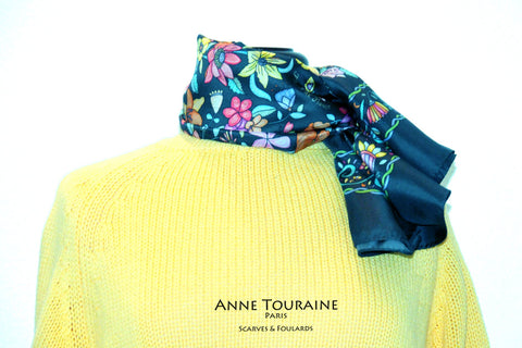 Floral scarves: FLORAL silk scarf, grey background and multicolor flowers by ANNE TOURAINE Paris™.Perfect with a yellow sweater.