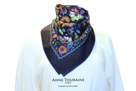 Floral scarves: FLORAL silk scarf, grey background and multicolor flowers by ANNE TOURAINE Paris™.Perfect with a white sweater.