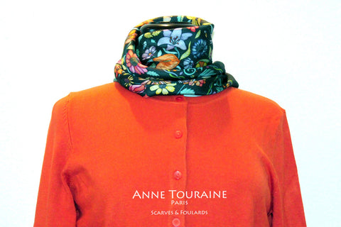 Floral scarves: FLORAL silk scarf, grey background and multicolor flowers by ANNE TOURAINE Paris™.Perfect with an orange sweater.