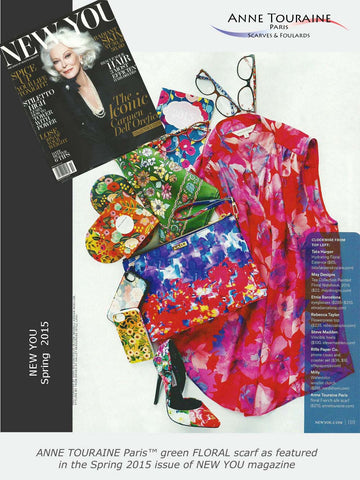 Keep up with the 2015 floral pattern trend! ANNE TOURAINE Paris™ FLORAL silk scarves as seen in NEW YOU magazine are this season's must have as 