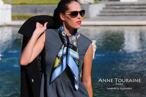 Astrology zodiac inspired silk scarf by ANNE TOURAINE Paris™; blue color; perfect with a dark grey dress