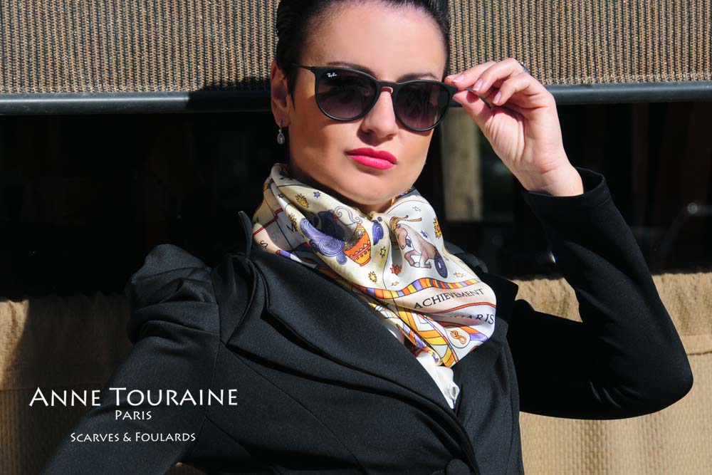  French silk scarves by ANNE TOURAINE Paris™: Zodiac astrology white scarf as a fluffy neck scarf 