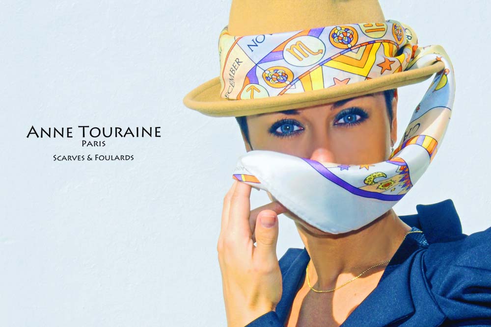  French silk scarves by ANNE TOURAINE Paris™: Zodiac astrology white scarf around a felter hat