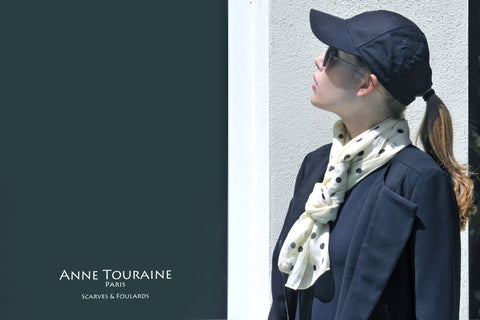 polka dot scarf, champagne color, chiffon silk by ANNE TOURAINE Paris™ tied European loop