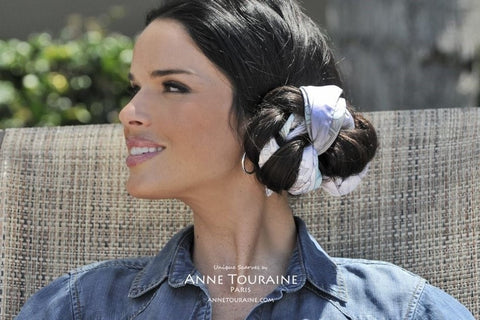 Scarves and hair: a blue Paris silk scarf by ANNE TOURAINE Paris™ intertwined with a chignon.