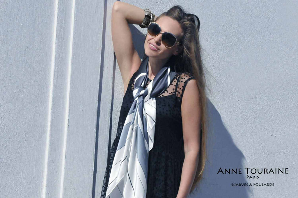 Extra large silk scarves by ANNE TOURAINE Paris™: black and white silk satin scarf tied as a loose neck scarf