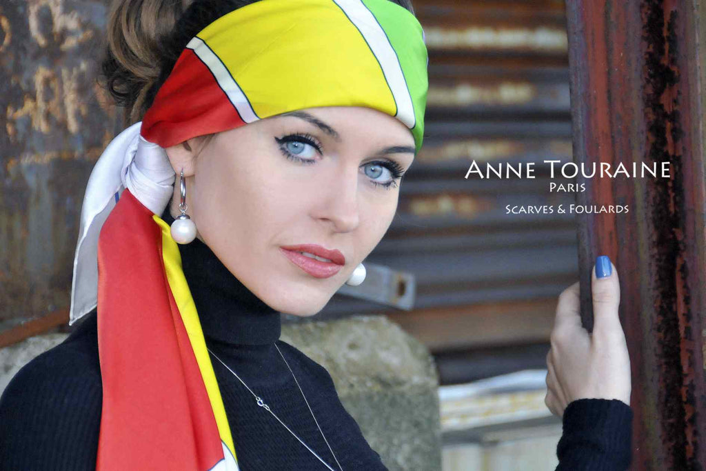 Extra large silk scarves by ANNE TOURAINE Paris™: multicolor silk satin scarf tied as a large headband