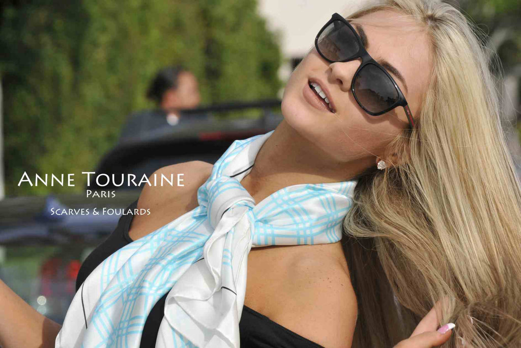 Extra large silk scarves by ANNE TOURAINE Paris™: blue and white silk satin scarf tied loose with a large knot around the neck