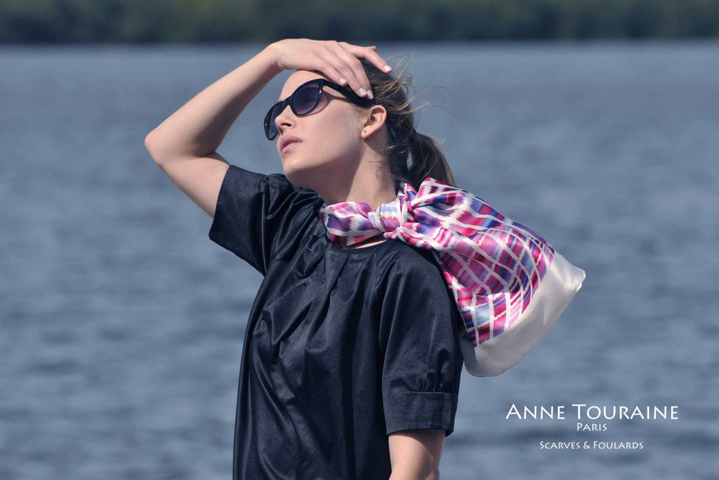 Extra large silk scarves by ANNE TOURAINE Paris™: pink and blue silk satin scarf as a flowing neck scarf