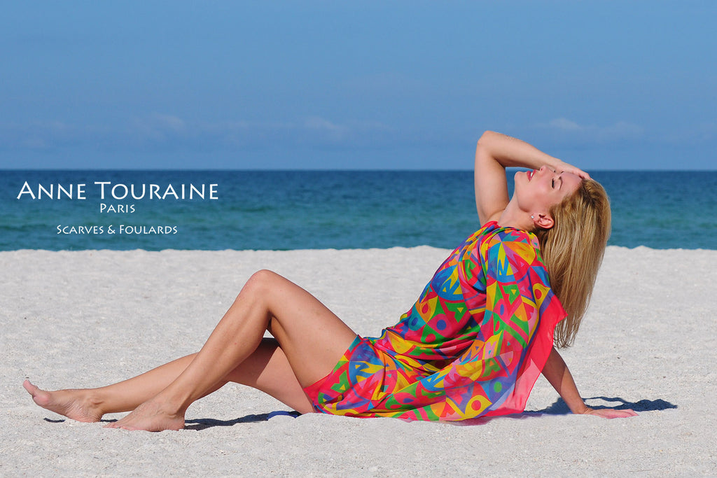 Extra large silk chiffon scarves by ANNE TOURAINE Paris™: multicolor scarf tied tied as a swimsuit cover up
