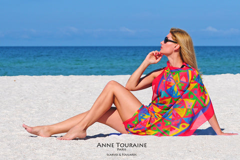 Extra large silk chiffon scarves by ANNE TOURAINE Paris™: multicolor scarf tied as a beach dress