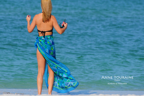 Extra large silk chiffon scarves by ANNE TOURAINE Paris™: green and blue scarf tied as a sarong
