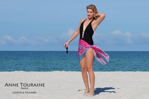 Extra large silk chiffon scarves by ANNE TOURAINE Paris™: pink and blue scarf tied as a short sarong