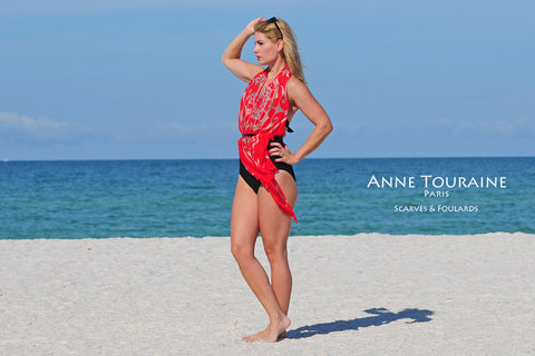 Extra large silk chiffon scarves by ANNE TOURAINE Paris™: red scarf tied over the shoulder cover-up with a belt